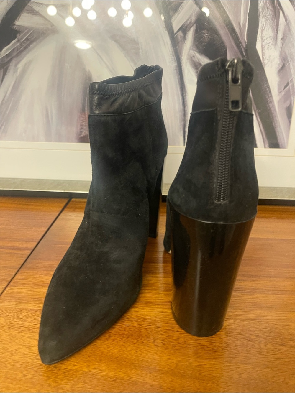 Saks Fifth Avenue Black Suede Pointed Toe High Block Heel Ankle Boots